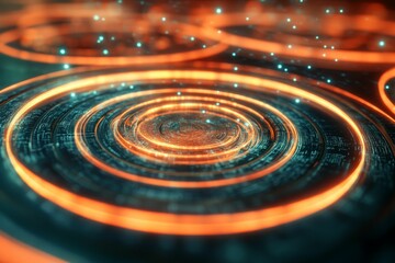 Glowing concentric rings with small blue sparkling dots.
