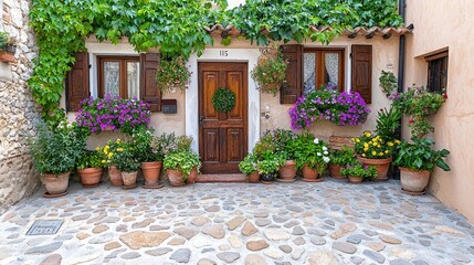 Obraz premium Cobblestone courtyard, flower-potted house, Italian village