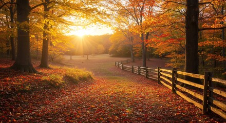 Obraz premium Stunning Autumn Sunset Landscape with Fall Foliage and Wooden Fence