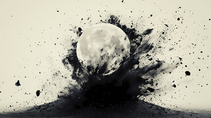 The moon appears to be bursting forth from a swirling mass of black splatter against a plain gray background, creating an explosive and dynamic visual effect. Galactic Plains. Illustration