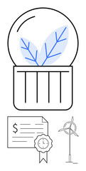 Leaf inside light bulb symbolizing green energy with wind turbine and financial certificate below. Ideal for sustainability, renewable energy, eco-innovation, green economics, clean technology