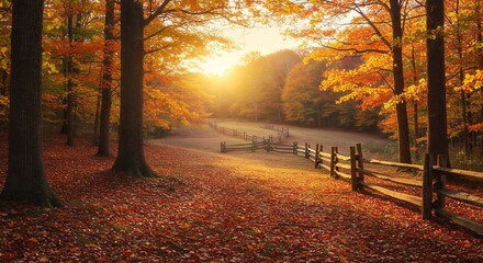 Obraz premium Stunning Autumn Sunset Landscape with Fall Foliage and Fence