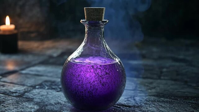 Mysterious purple potion resting on a stone surface in a dimly lit environment