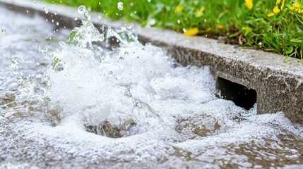 Storm water overflowing curbside drain, roadside plants