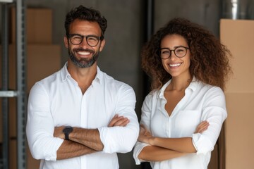 man and a woman smile at the camera. They're both wearing white shirts, and the man is wearing glasses. buying property, a couple makes deal, business finance