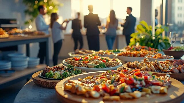 Guests enjoy an upscale gathering at a rooftop location, mingling while savoring a vibrant buffet filled with a variety of dishes, all under warm evening light.