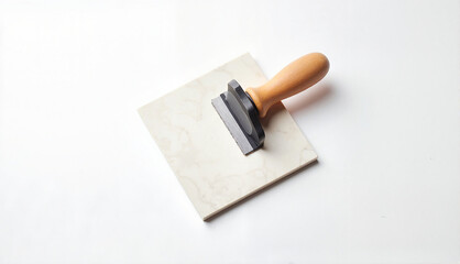 Tile adhesive trowel with a wooden handle on a tile surface, isolated on a white background with copy space