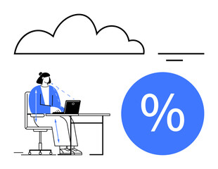 Woman seated at desk working on laptop, beneath a cloud with a large blue percentage symbol nearby. Ideal for business, technology, data analysis, cloud computing, finance, productivity, digital