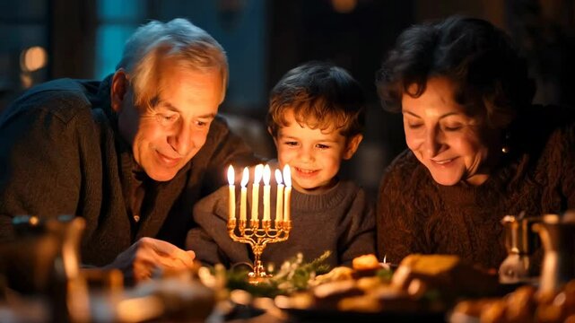 Embracing love and togetherness, three family members relive cherished moments around a beautifully set table filled with delicious food and glowing candles, sharing laughter and joy.