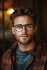Obraz premium Portrait photo of a ruggedly handsome young adult man with glasses