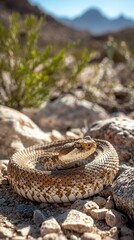 Obraz premium HD Phone Wallpaper Desert Sidewinder Rattlesnake Coiled on Rocky Terrain Close Up View