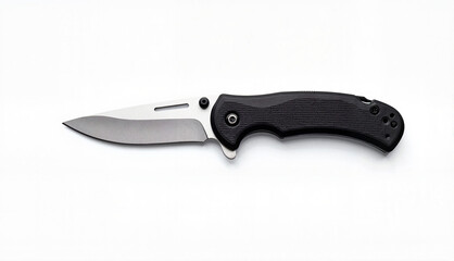 Foldable tactical knife with a black handle and silver blade on a white background with copy space