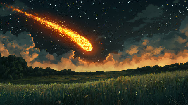 A fiery tiamat comet approaches earth, its vivid tail lighting up the dark sky and casting an ethereal glow over a serene grassy plain, in anime style. Galactic Plains. Illustration