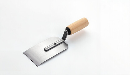 Notched trowel with a wooden handle on a white background with copy space