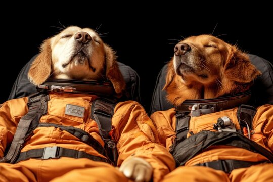 Two dogs in space suits, pets are preparing for a flight into space, dogs are like people. animals are pilots or astronauts