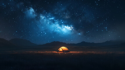 Breathtaking nighttime landscape featuring a glowing campsite under the mesmerizing milky way set against a serene grassy plain under the starry sky. Galactic Plains. Illustration