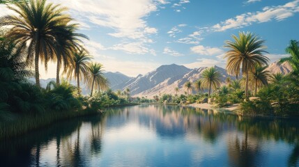 Obraz premium A tranquil landscape featuring a palm-lined waterway with mountains in the background.