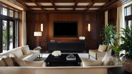 Fototapeta premium Luxurious Living Room with Dark Wood Paneling and Comfortable Seating