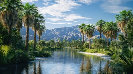 Fototapeta premium A tranquil landscape featuring a palm-lined waterway with mountains in the background.
