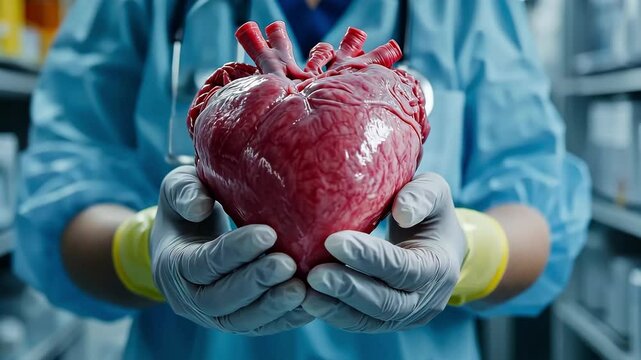 A medical professional in protective gear holds a human heart in a research facility. The environment reflects an emphasis on organ health and detailed anatomical structures.