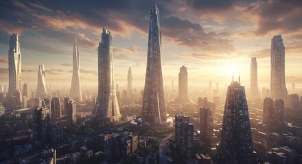 Fototapeta premium Futuristic Cityscape Sunset Digital Art Print
