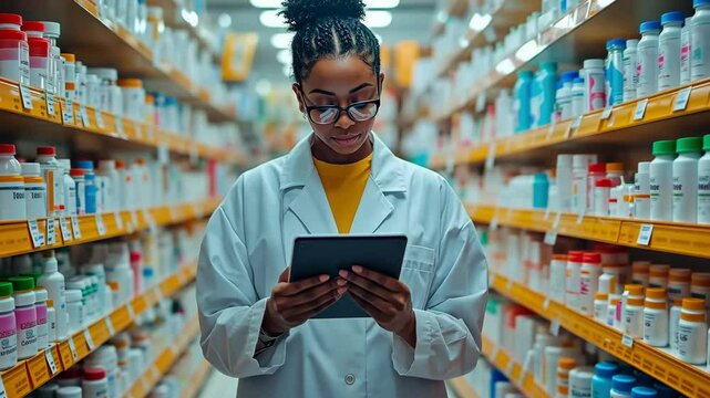 A pharmacist in a white lab coat reviews medication details using a tablet while surrounded by shelves full of various pharmaceuticals in a well-stocked pharmacy.