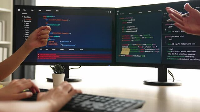 Slow motion back end software developer engineer for computer programming working together on debugging writing computing code, solving complex algorithms display on monitor in office. Burgeoning