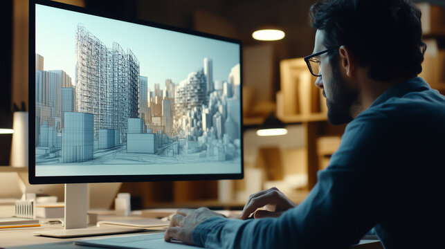 Photo of an architect using a digital tablet to create a 3D architectural model, designing a modern cityscape on a screen.