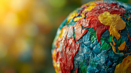 Colorful crumpled paper globe; environmental concept; blurred background; sustainability