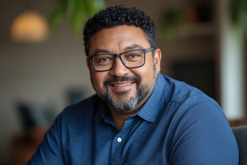 Close-up portrait of a cheerful man with glasses in a light blue shirt, showcasing a confident and approachable personality, ideal for business, lifestyle, and professional themes in natural indoor li