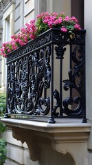 Ornate black wrought iron balcony with pink flowers.