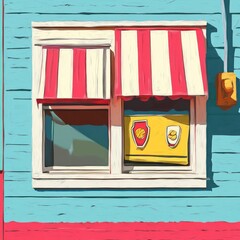 Colorful storefront awning, light teal house,  food illustration, vintage style, window display