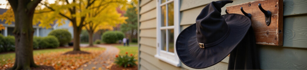 Witch's hat and cloak hanging in autumn cottage entryway, seasonal charm
