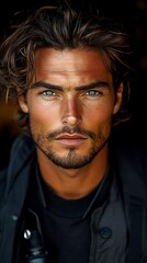 Close-up portrait of a handsome man with wavy hair and intense blue eyes.