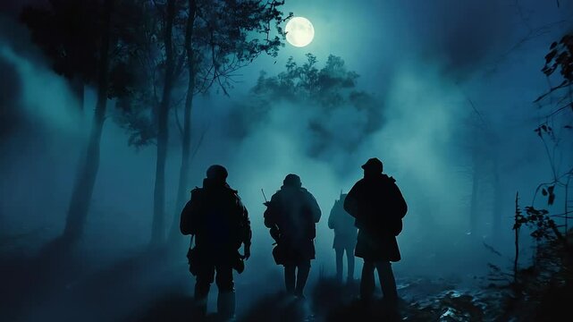 In the stillness of a moonlit night, soldiers advance quietly through a foggy forest. Shadows dance among trees as they engage in covert operations, embodying focus and determination.