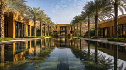 Obraz premium A serene oasis surrounded by golden desert dunes, with palm trees reflected in clear water.
