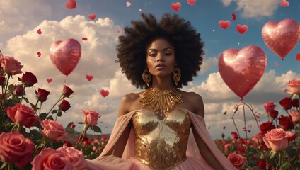A goddess of love and beauty in a romantic setting. A gorgeous African American woman with voluminous curls stands in a field of roses, surrounded by floating heart-shaped balloons