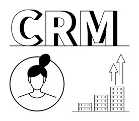 Fototapeta premium CRM text, user profile icon, bar chart with growth arrows highlighting data management, analytics, communication, customer service, efficiency, strategy and business development. Abstract line flat