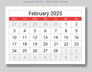 2025 february calendar. Vector collection of English monthly page calendars. Design with Monday start