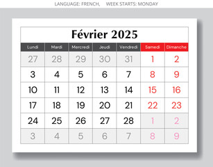 French calendar for february 2025. Vector illustration of winter month page for France language