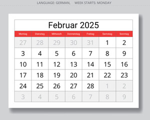 German calendar for february 2025. Vector illustration paper page of winter month for Germany - Kalender februar