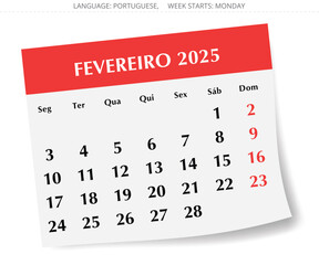 February PORTUGUESE monthly calendar for 2025 year. Vector illustration stylish paper design for Portugal