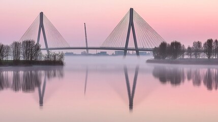 Obraz premium Foggy morning view of a bridge reflecting in the water with a pink sky