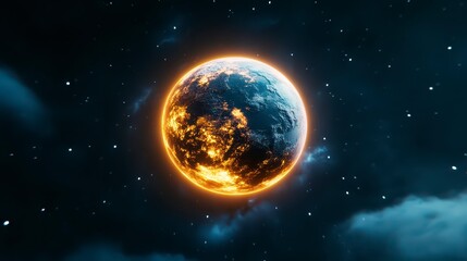 Fiery Pixelated Planet In A Starry Night