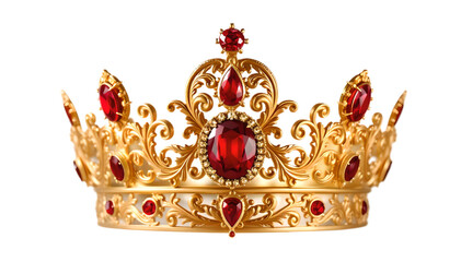 A stunning crown of gold and vibrant red gemstones, exuding elegance and royal luxury, designed with intricate details and unmatched craftsmanship in vivid focus
