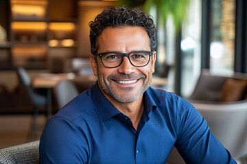 Obraz premium Portrait of a smiling man wearing glasses in a casual blue shirt, relaxed indoor setting, professional yet approachable demeanor, perfect for business, lifestyle, and personal branding concepts.