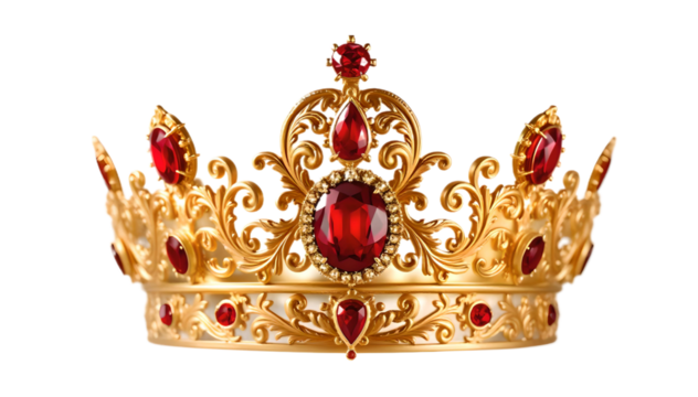 A stunning crown of gold and vibrant red gemstones, exuding elegance and royal luxury, designed with intricate details and unmatched craftsmanship in vivid focus
