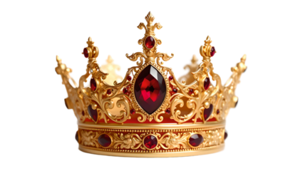 A stunning crown of gold and vibrant red gemstones, exuding elegance and royal luxury, designed with intricate details and unmatched craftsmanship in vivid focus
