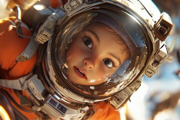 girl in a space suit with a surprised expression on her face. a child in space, a pioneer, technology, science, fiction. An exciting space adventure. astronaut