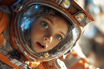 girl in a space suit with a surprised expression on her face. a child in space, a pioneer, technology, science, fiction. An exciting space adventure. astronaut